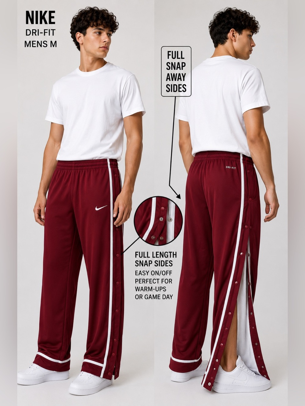 Nike Dri-FIT Tear Away Snap Track Pants Mens medium Burgundy White Stripe retro